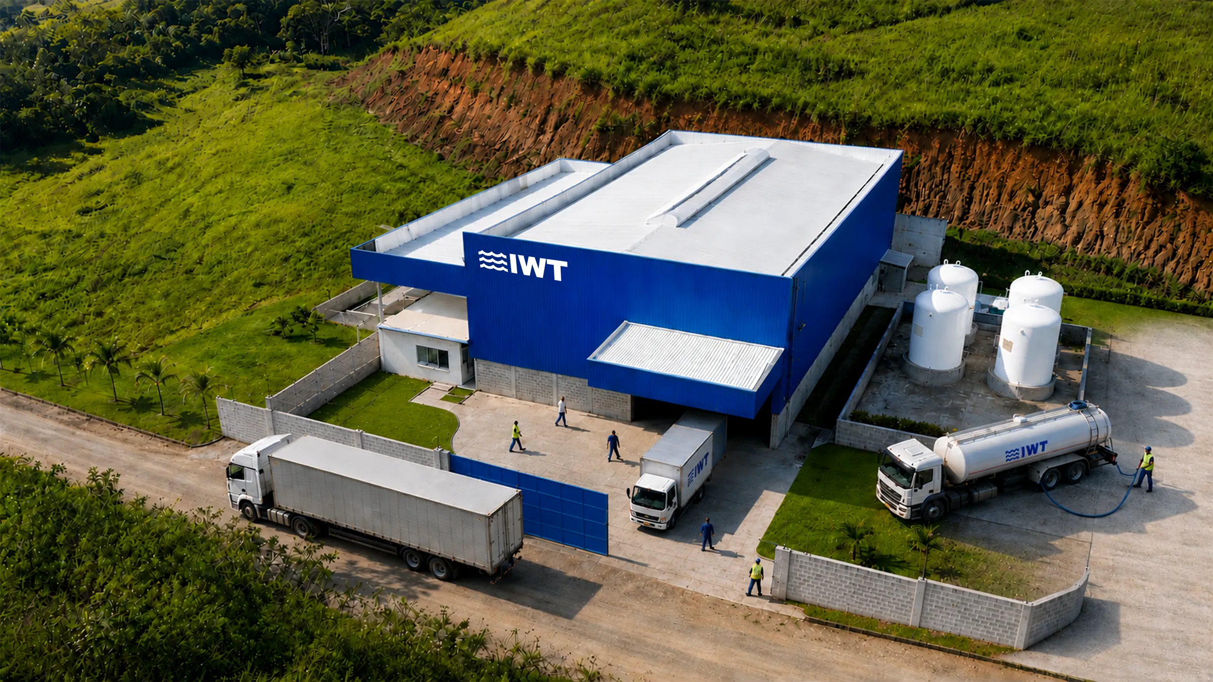 Vista aérea de uma unidade fabril do Grupo IWT, com galpão azul, tanques de armazenagem e caminhões